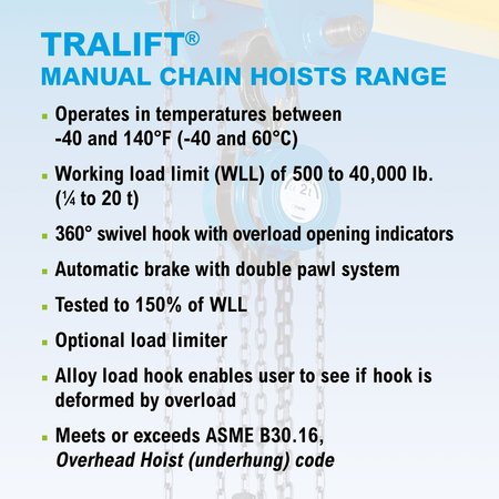 Tractel Tralift Manual Chain Hoist, 1,000 lb. (0.5 Ton) Load Capacity, 15 ft. Lift 19710